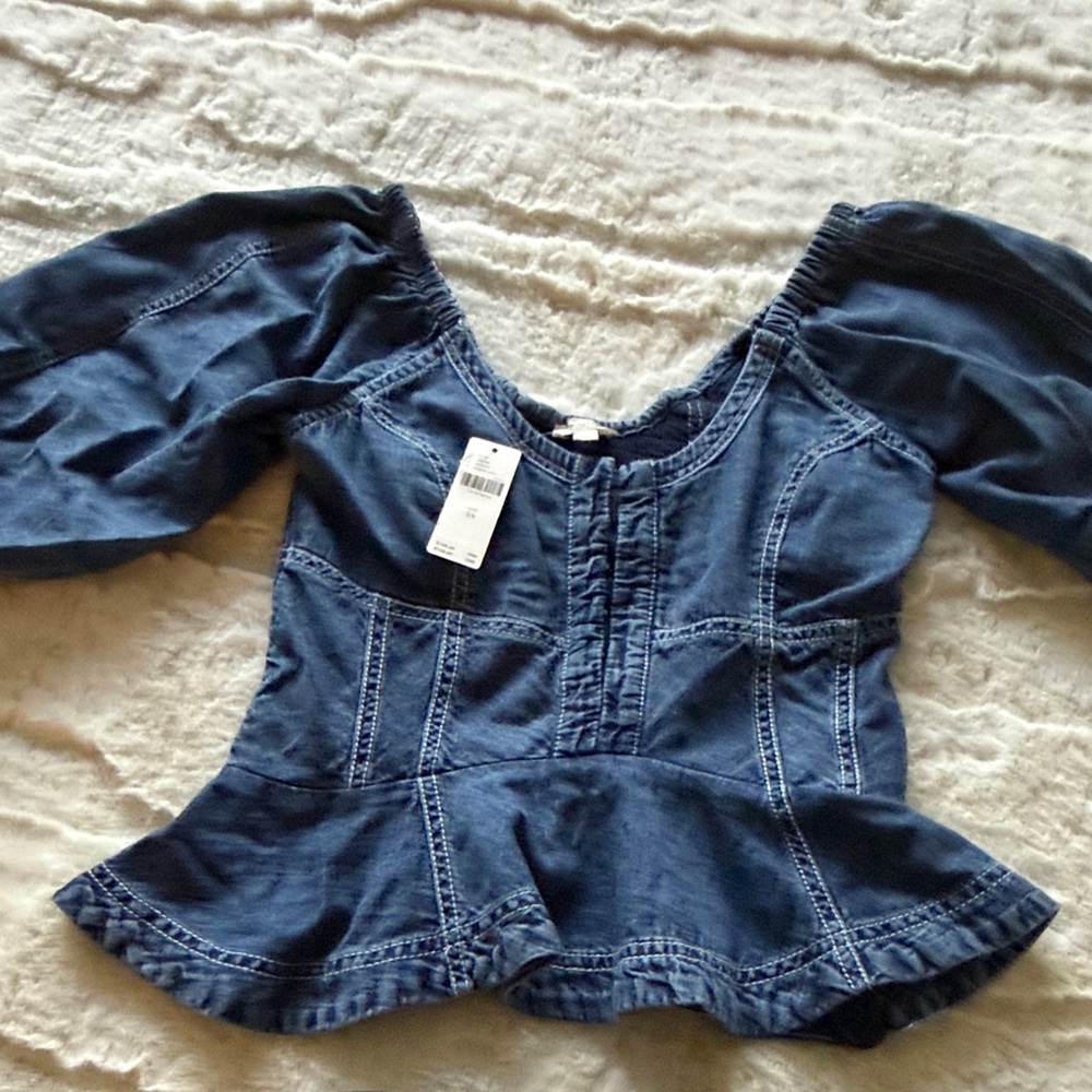 Pilcro Dark Blue Denim Peplum Off-Shoulder Top - Picture 4 of 9